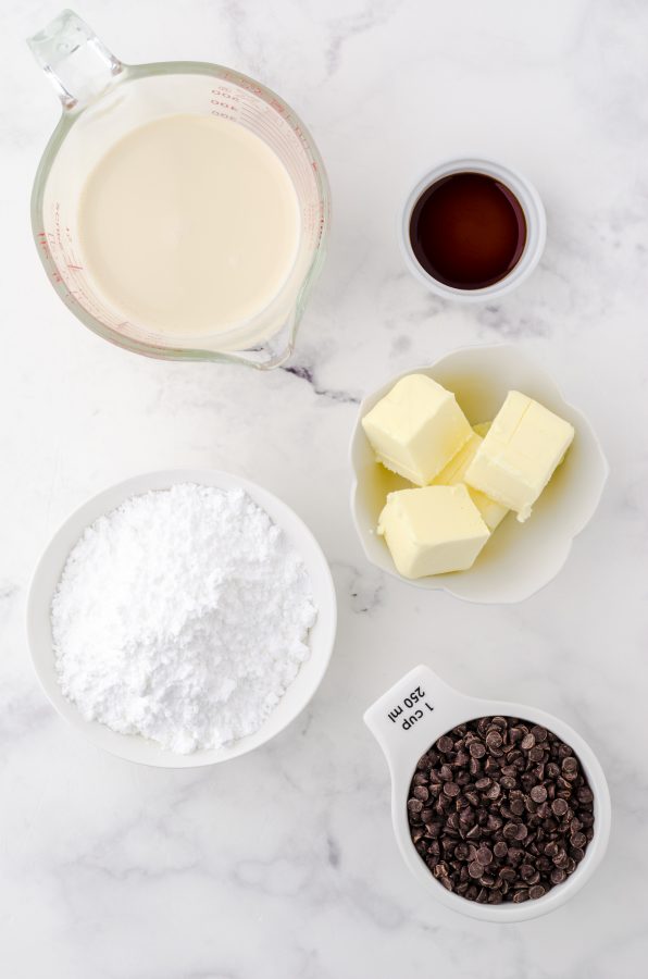 Ingredients for homemade chocolate fudge sauce