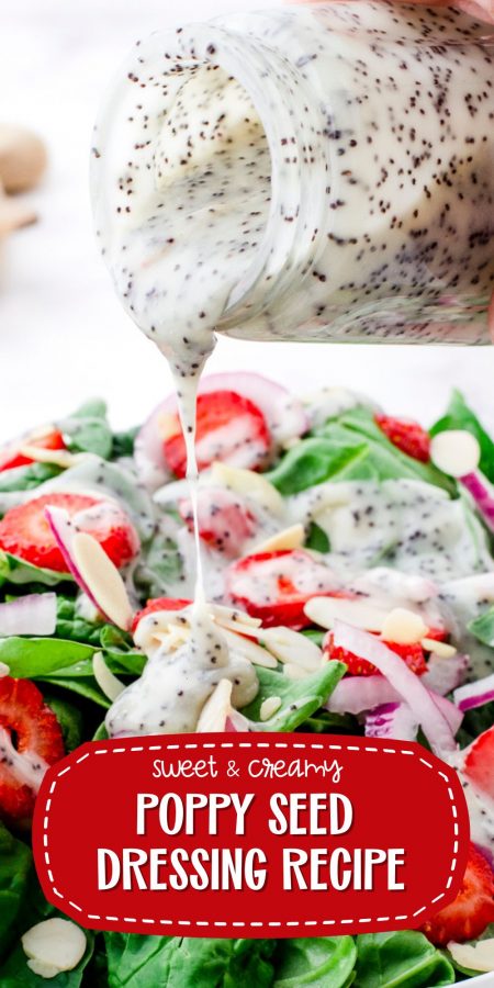Poppyseed dressing being poured onto a strawberry spinach salad.