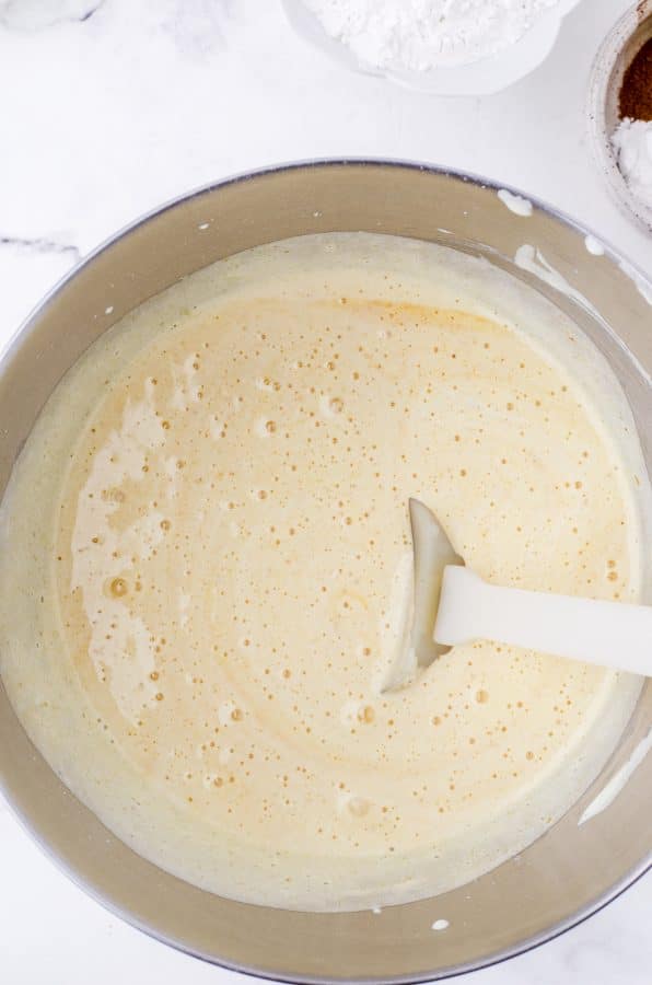 Step 1 of pumpkin cake roll- beat eggs and sugar until light yellow.