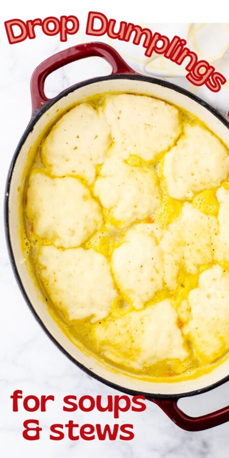 A pot of potato soup with drop dumplings recipe on the top