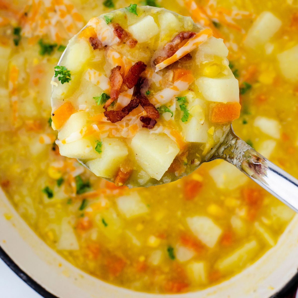 Easy Potato Soup Recipe with Corn & Crispy Bacon Bits