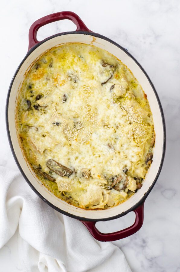 Baked turkey tetrazzini in a large dutch oven.