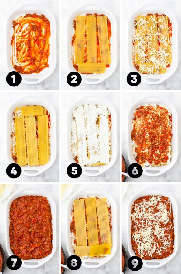 Step by step layers of how to assemble a pan of make ahead lasagna with no cook noodles.