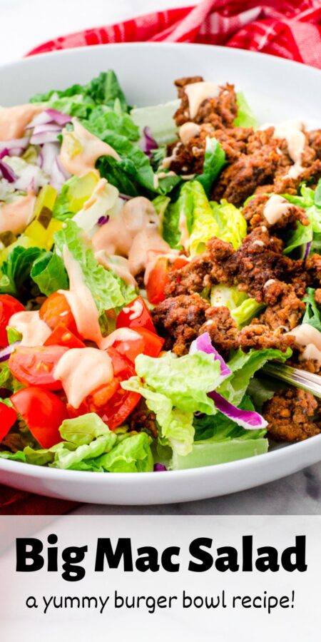 A close up of a big mac salad in a bowl with the text "big mac salad - a yummy burger bowl recipe!" on top of it.