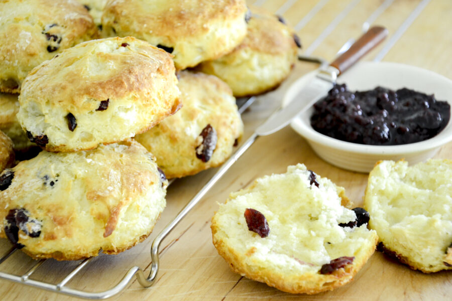 A pile of cranberry scones on a cooling rack with a hot scone open and jam behind it.