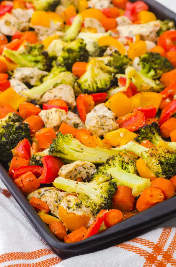 One pan chicken and veggies in a sheet pan.