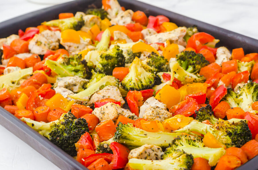 A sheet pan of chicken and veggies