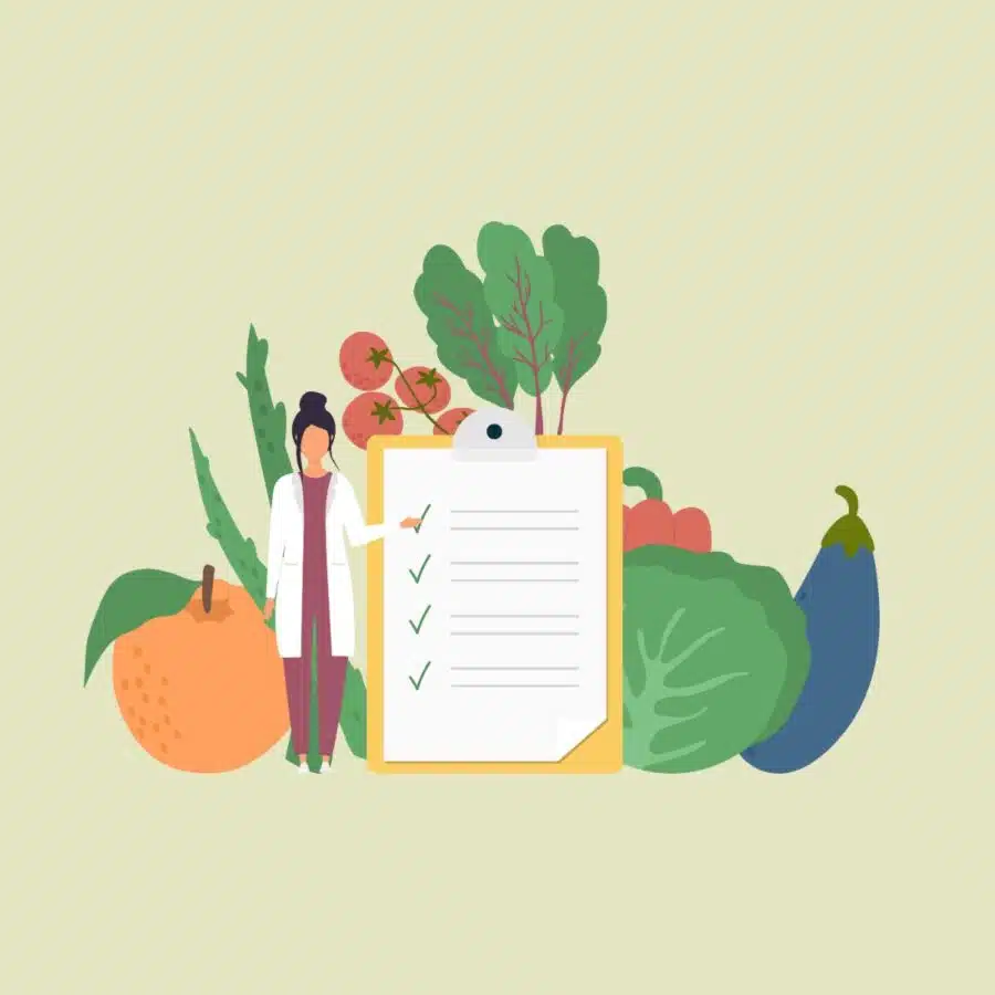 drawing of healthy foods with a doctor and checklist