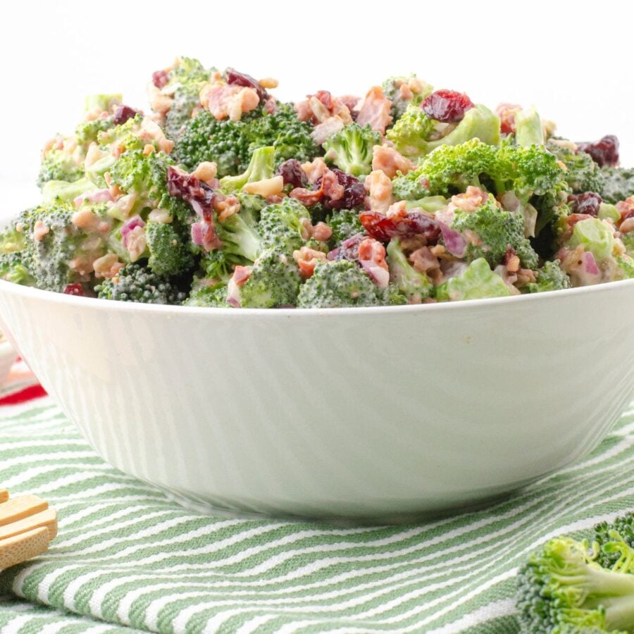 bowl of broccoli salad with cranberries and bacon