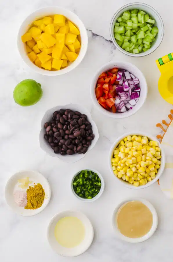 Ingredients needed for mango salad and mango salad dressing.