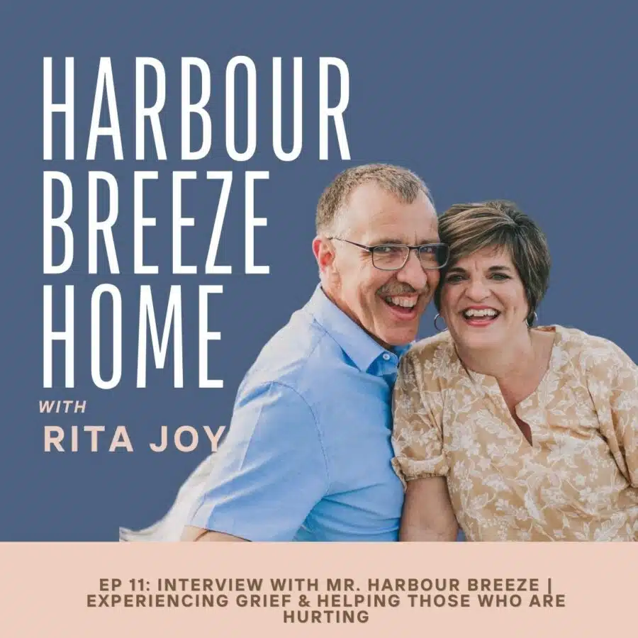 podcast cover art for the harbour breeze home podcast on grief with a picture of Rita Joy and her husband