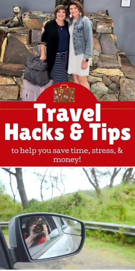 collage of travel photos with the text "travel hacks and tips"