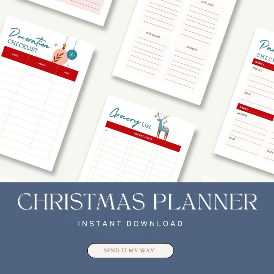 Page examples from a free printable Christmas planner set showing a decoration checklist, grocery list, and menu plan.