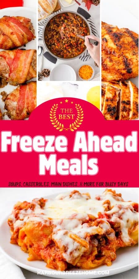 Collage of a variey of meals to freeze ahead.