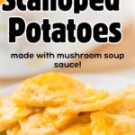 a plate of scalloped potatoes with mushroom soup and cheese melted on the top