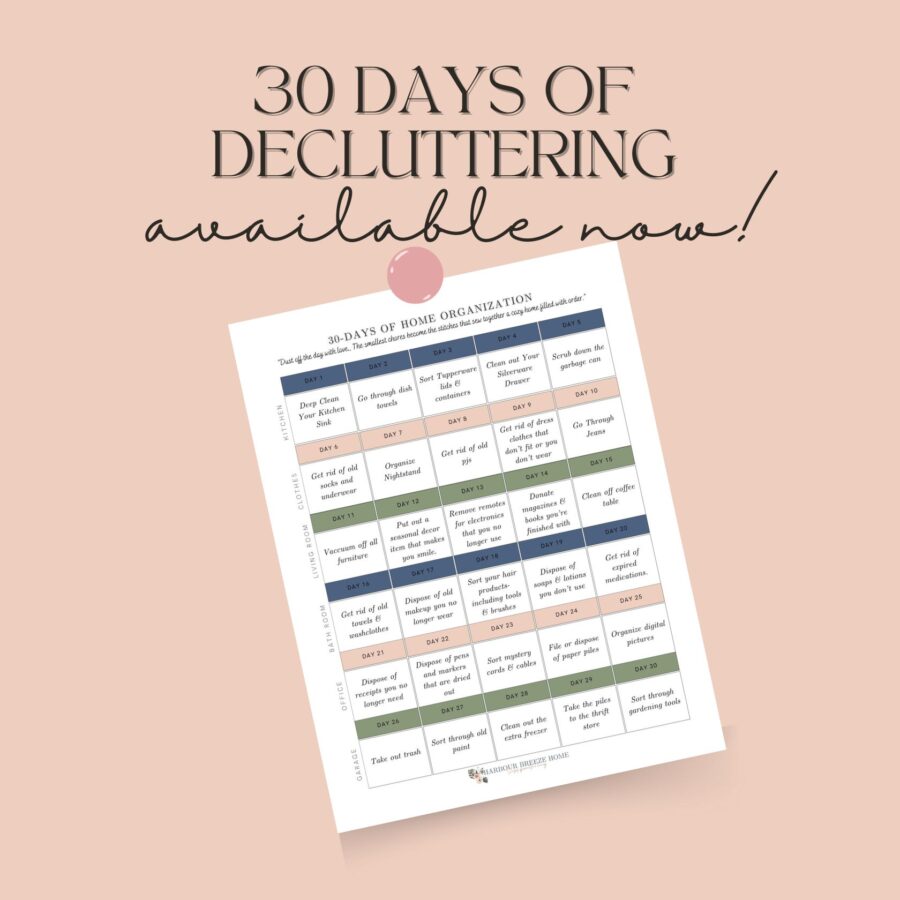 a mock up of a 30 days of decluttering printable calendar