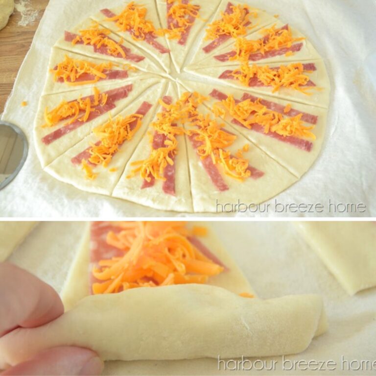 a collage of ham and cheese crescent rolls being made and rolled up.