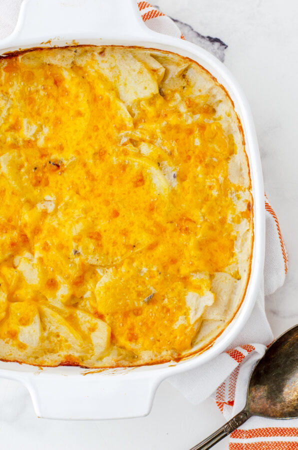 Scalloped potatoes with mushroom soup and cheesy topping