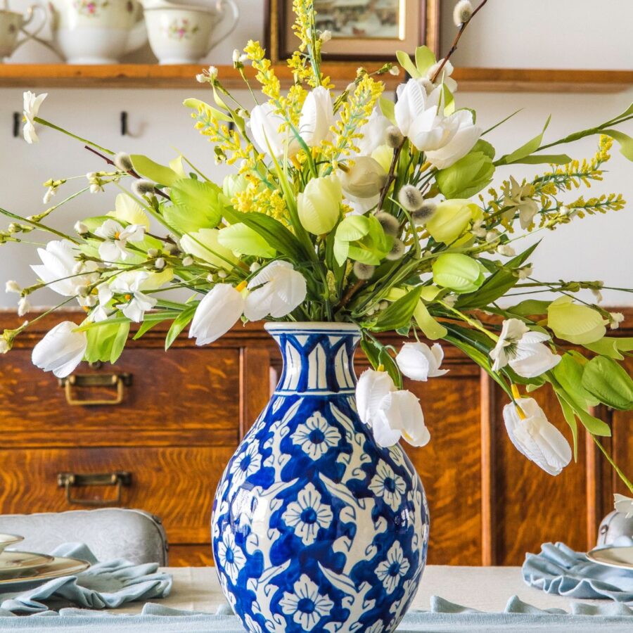 ginger jar vase with faux flower arrangment