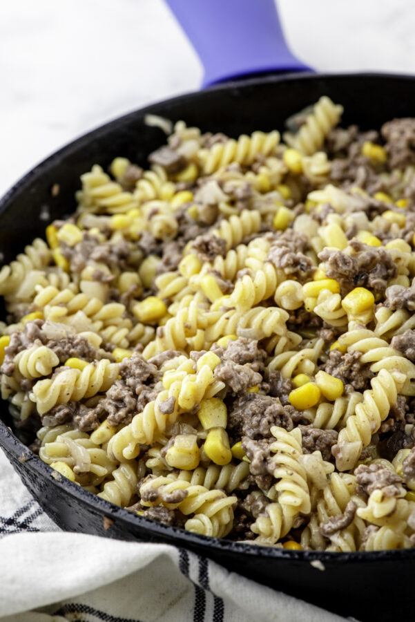 Close up of homemade hamburger helper in a skillet.