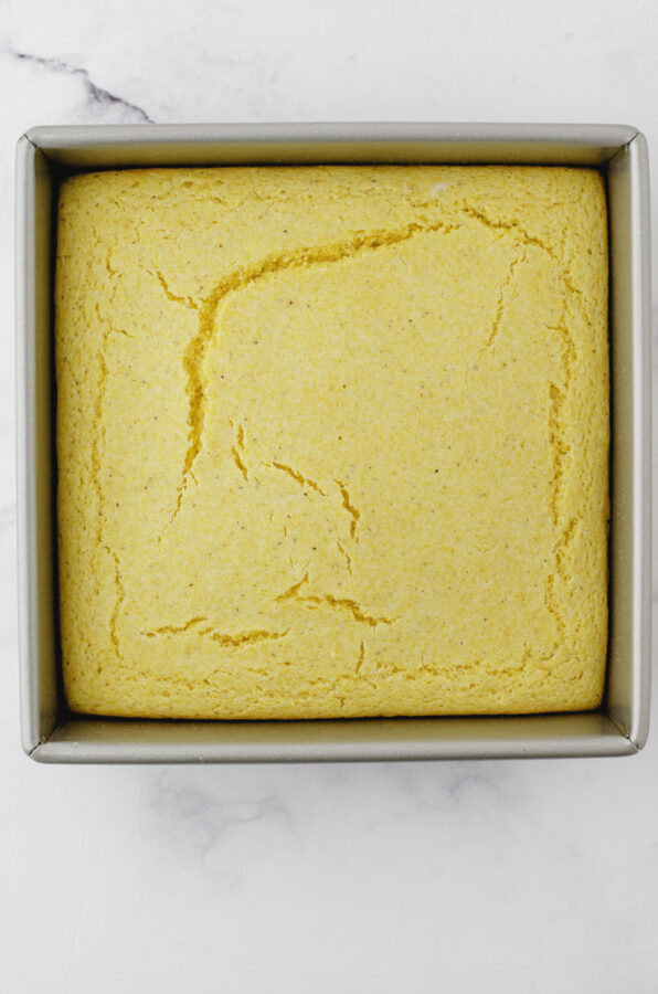 Baked cornmeal cornbread without buttermilk in a 8 x 8 inch pan