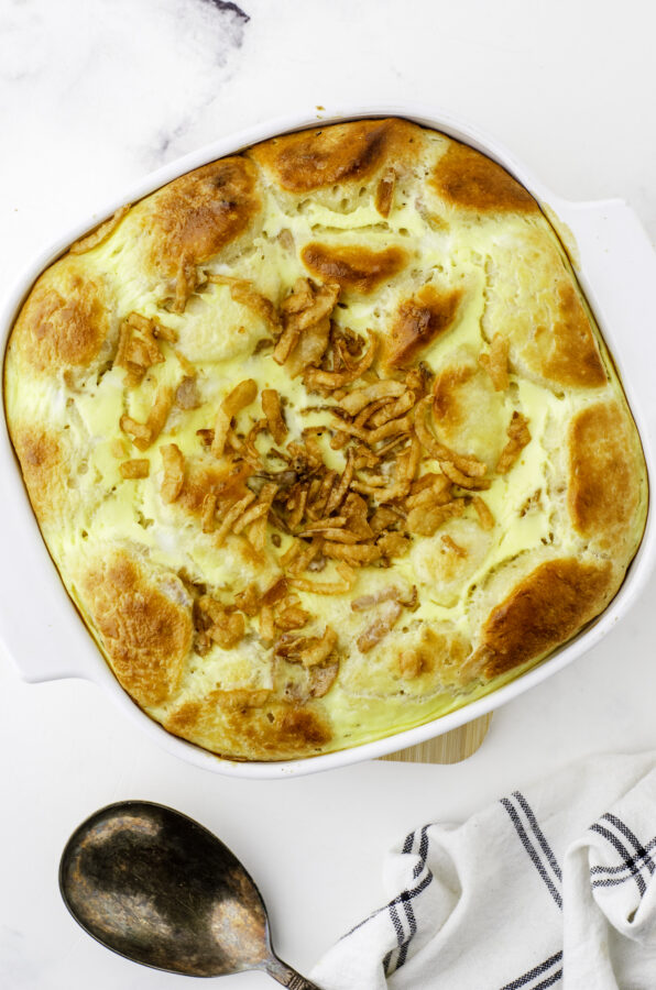 Stoganaff hamburger casserole once it is baked with golden brown biscuits on the top.