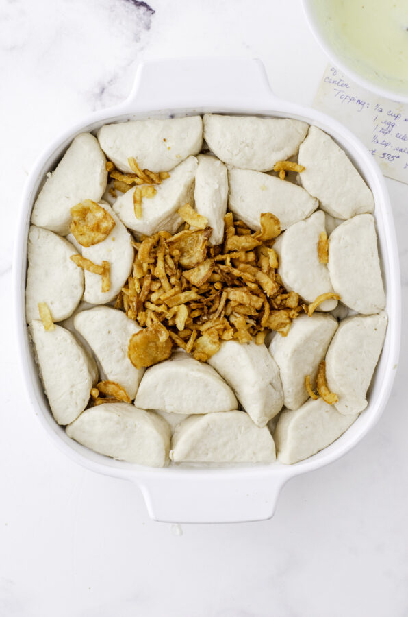 French fried onions sprinkled on the top of the casserole