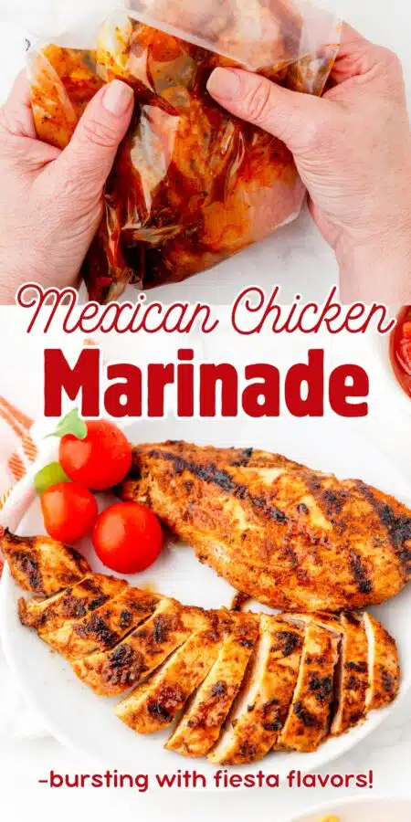 A collage of pictures of mexican chicken marinade and cooked mexican chicken breasts.