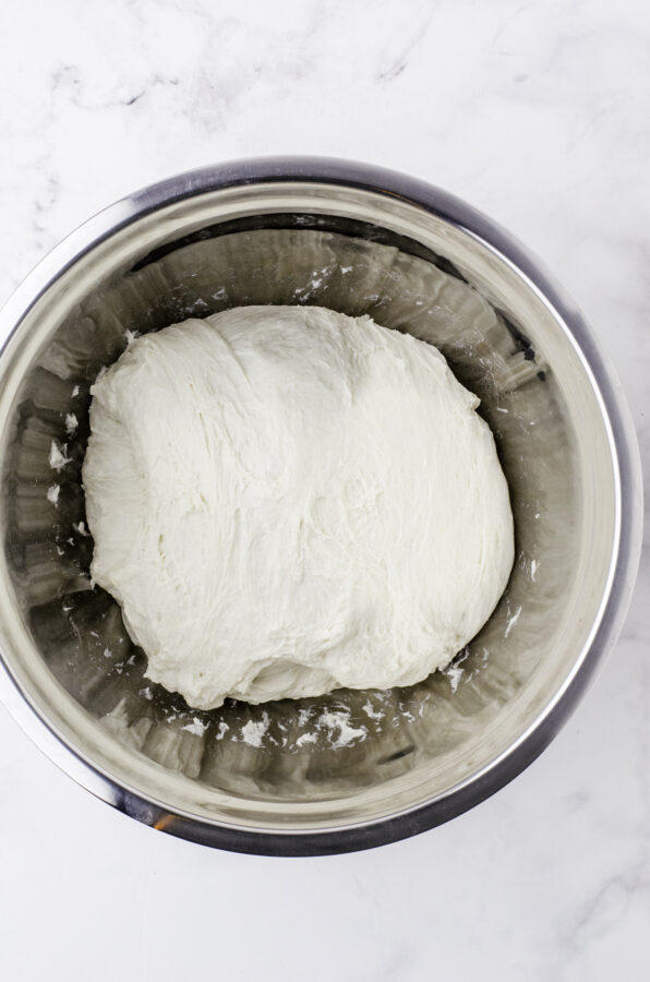 Sour dough bread after it has been stretched and folded 4 times.