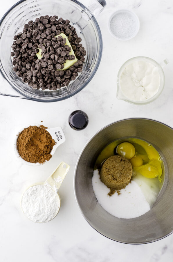 Ingredients needed for sourdough discard chocolate brownies.
