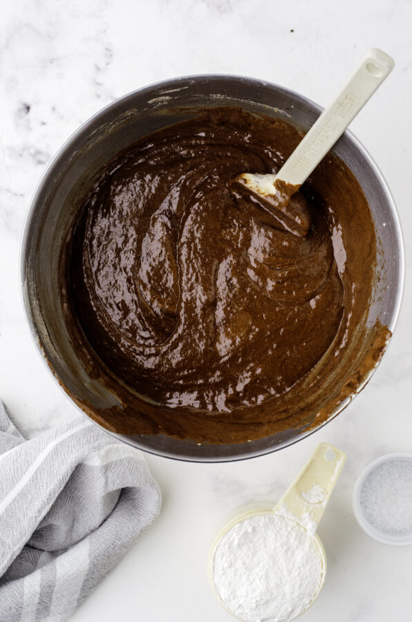 The bowl of stirred chocolated and egg & sugar mixture for sourdough chocolate brownies.