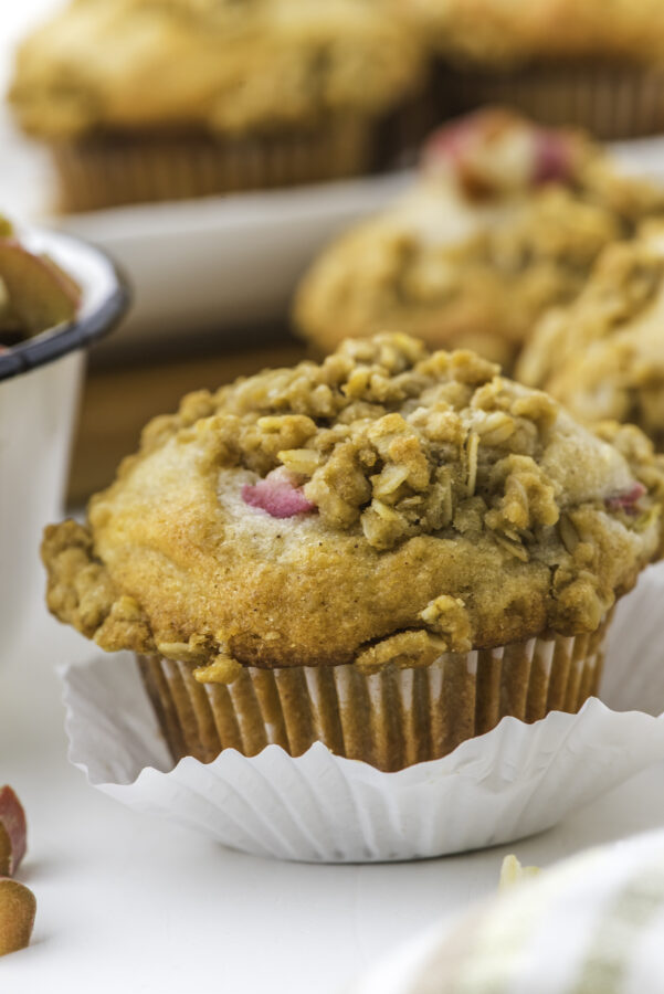 Sourdough Rhubarb Muffin sitting on a counter.