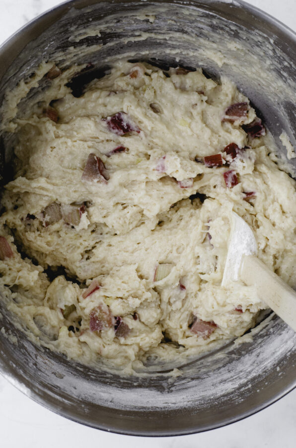 Rhubarb sourough muffin batter in a bowl