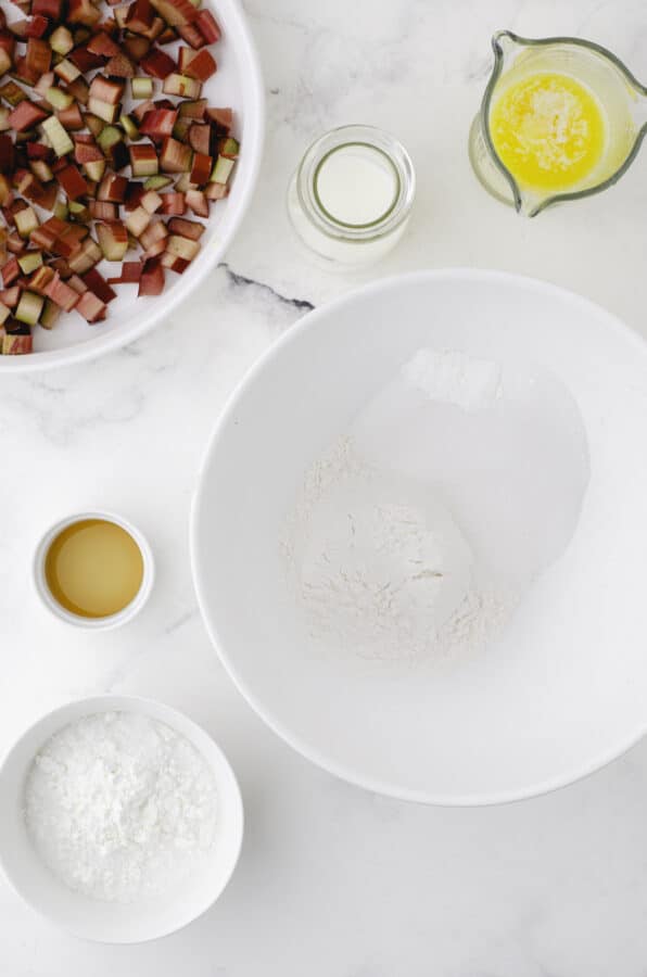 Ingredients needed for sticky rhubarb pudding cake.