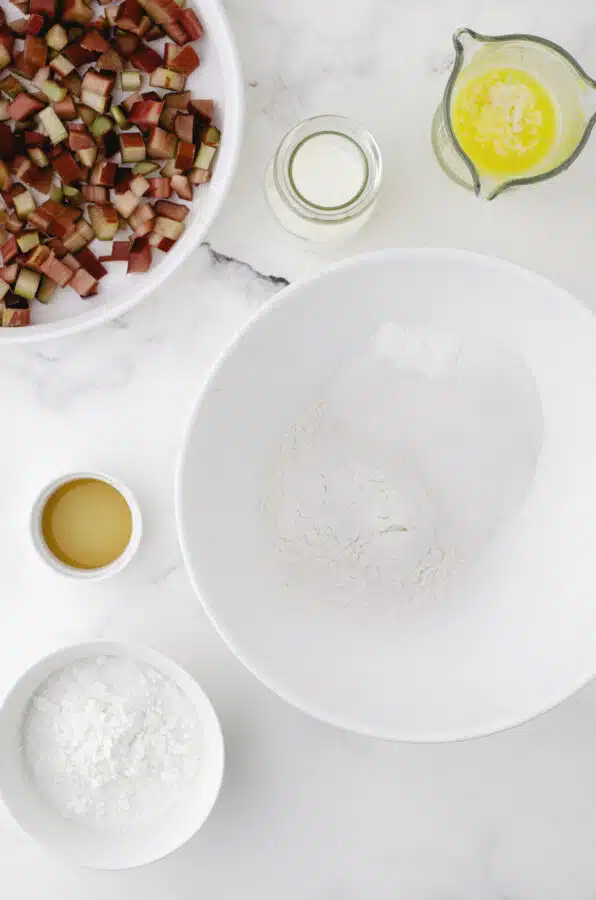 Ingredients needed for sticky rhubarb pudding cake.