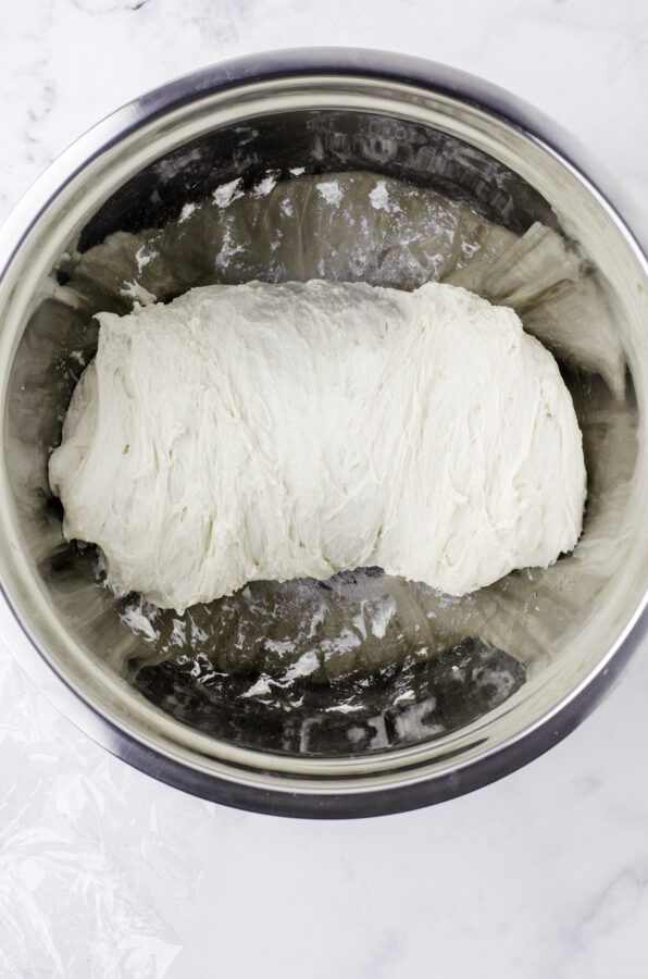 What sourdough looks like after it has been stretched and folded the first time.
