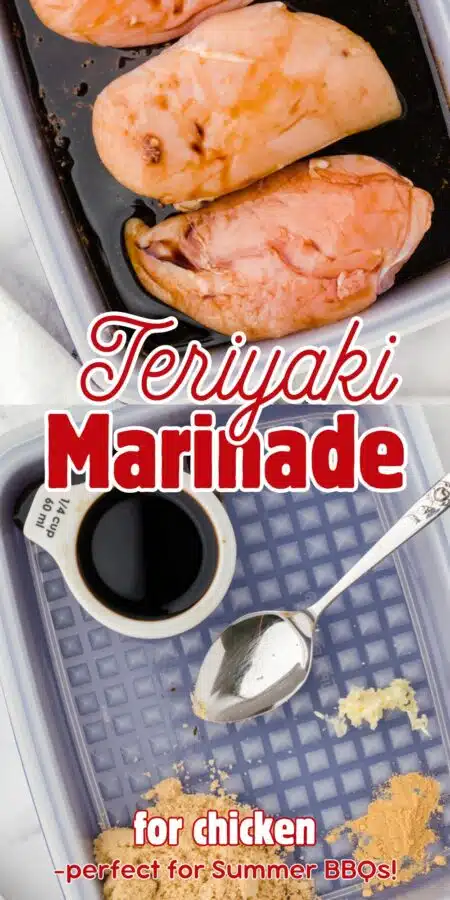 collage of pictures of teriyaki chicken marinade with chicken breasts sitting in it in a marinading container.