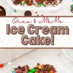 collage of a pan of oreo ice cream cake and a slice of oreo ice cream cake