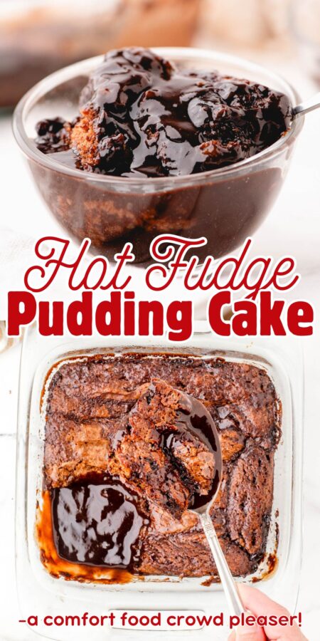 A collage of chocolate pudding cake - in a pan and in a dessert dish.