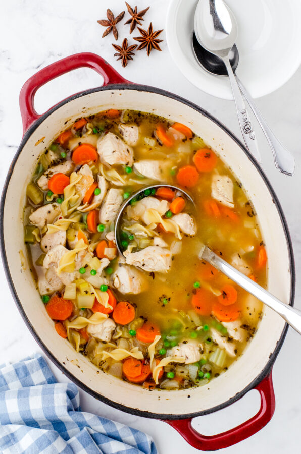 A pot of chicken noodle soup with a soup ladle in it.