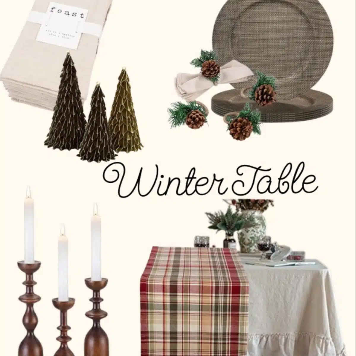 Collage of items that can be purchased from Amazon for a Winter or Christmas Tablescape
