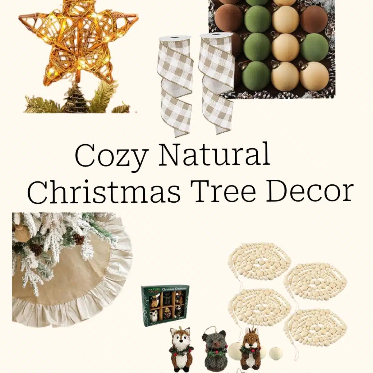 a collage of products used to create a natural color palette as a Christmas color scheme