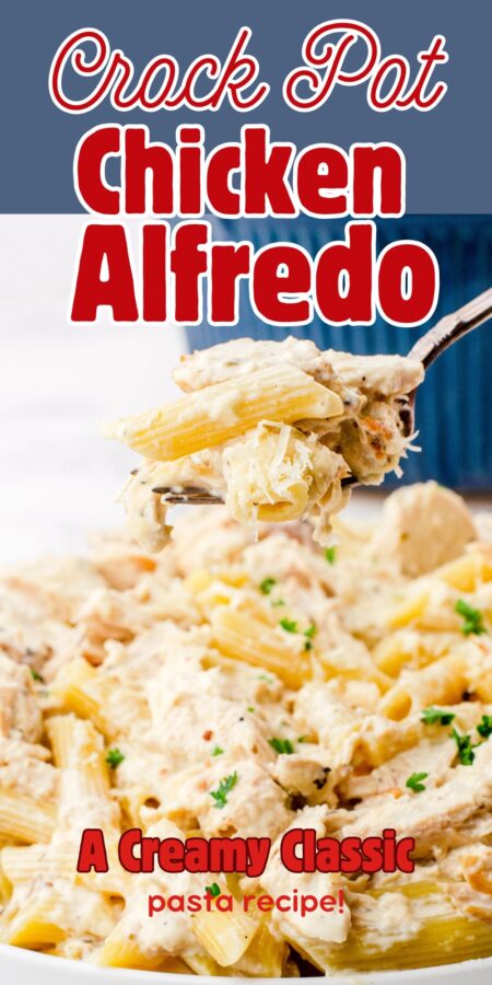 a big fork full of crock pot chicken alfredo with penna pasta with a crock pot behind it.