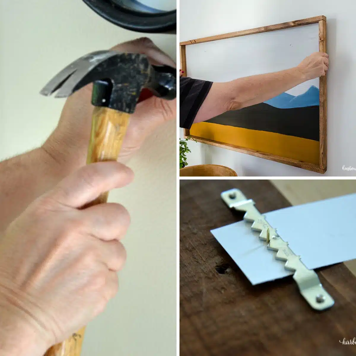collage of wall hangings being put on the wall
