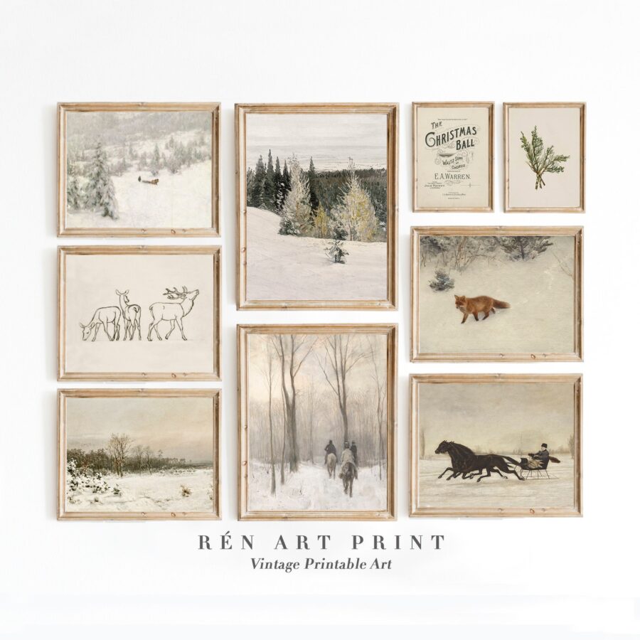 A collection of vintage wall art hung together to form a beautiful gallery wall perfect for Christmas or winter