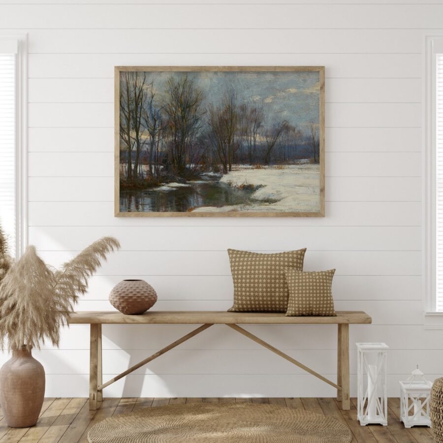 Vintage wall art print of Winter Landscape oil painting from 1800s hanging on a wall above a bench