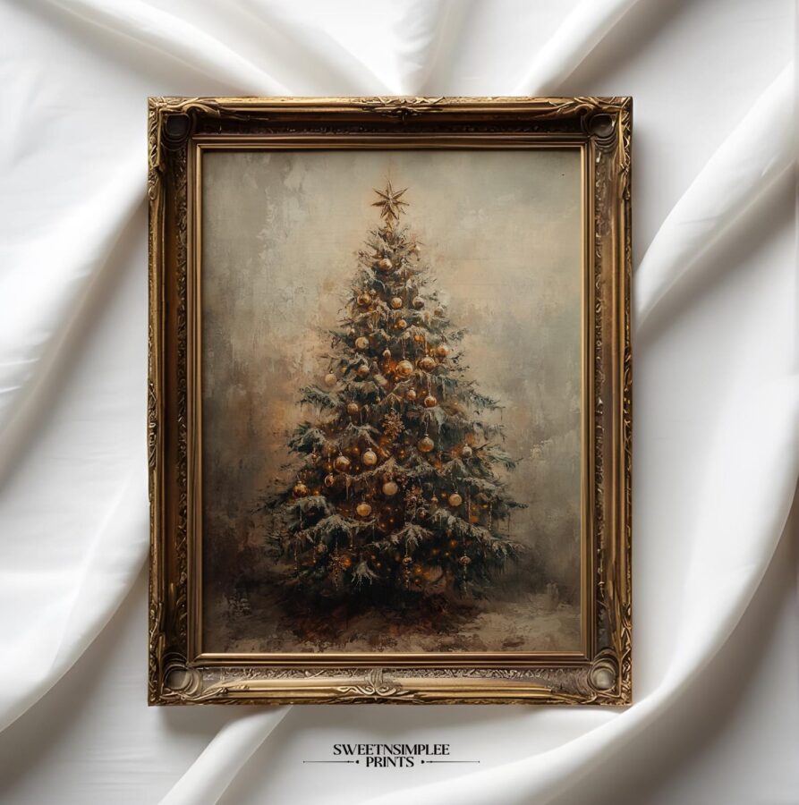 Vintage Christmas tree wall art print in a frame