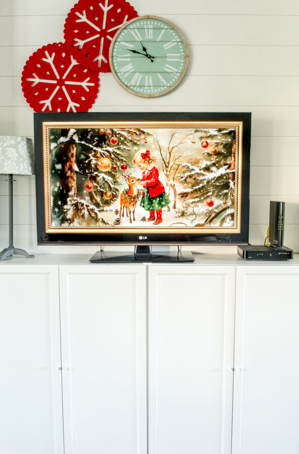 A tv made to look like it is a frame tv with YouTube video art