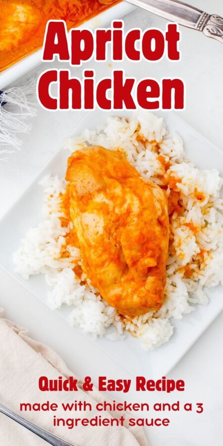 A piece of apricot chicken on a bed of rice on a plate.