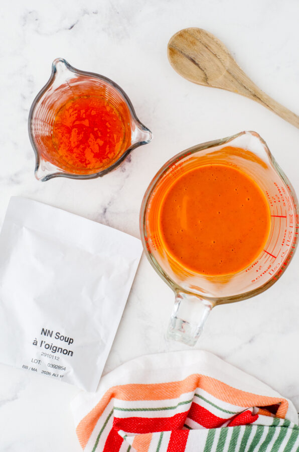 Ingredients for apricot chicken glaze sitting on a counter.